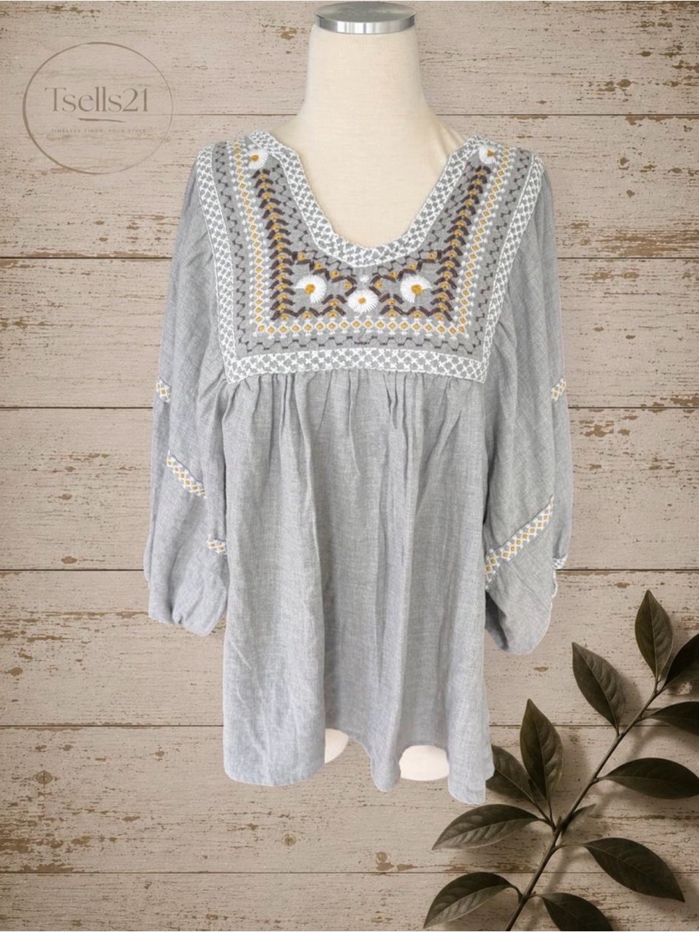 Max Studio Grey Cotton Blend Embroidered Boho Blouse - Size XL